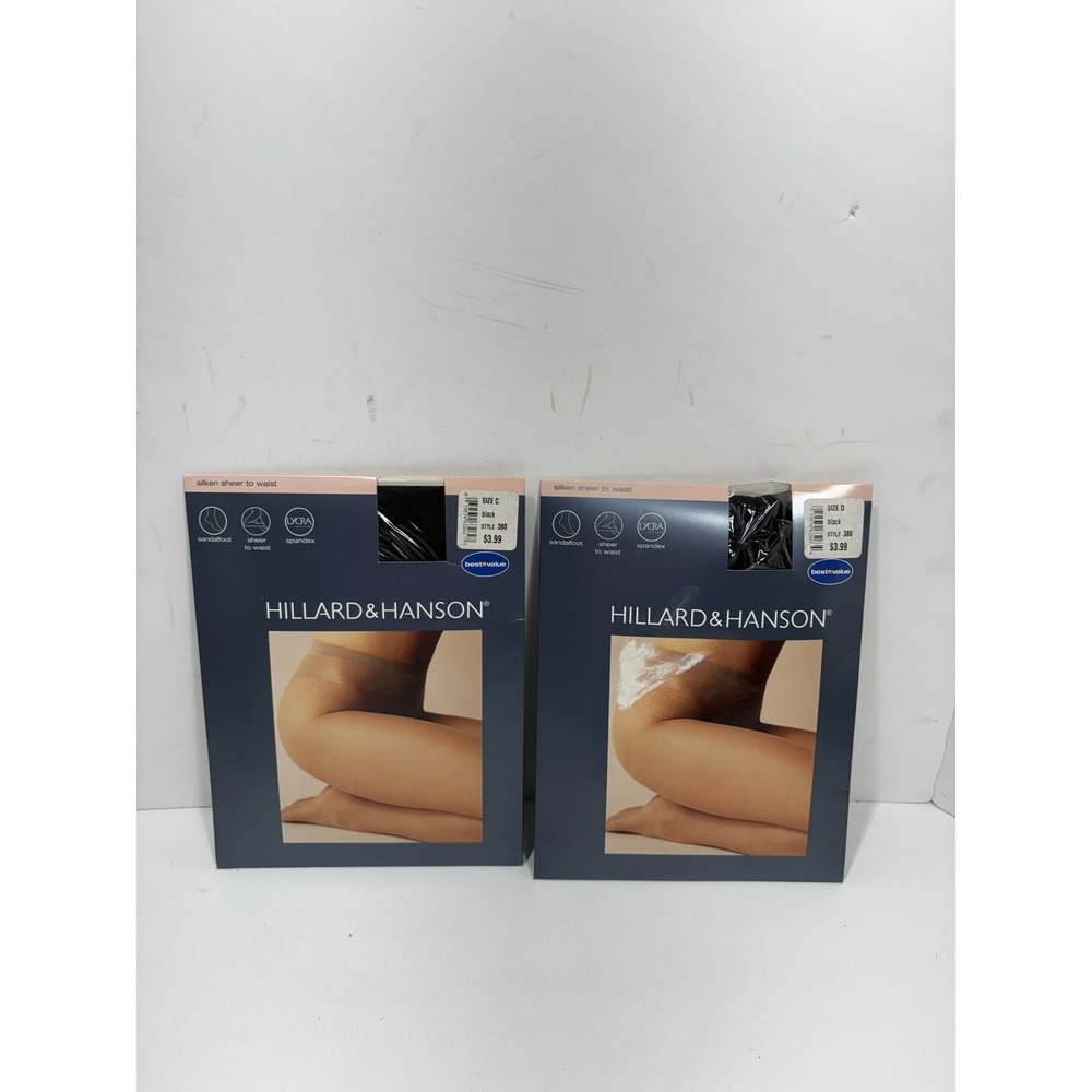 HILLARD & HANSON BLACK CONTROL TOP PANTYHOSE Lot 2 STOCKINGS NYLONS SIZE D 380